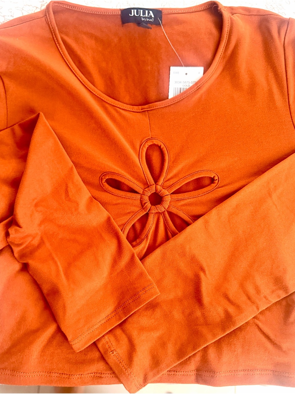 JULIA Orange Long-Sleeve Floral Cutout Tee